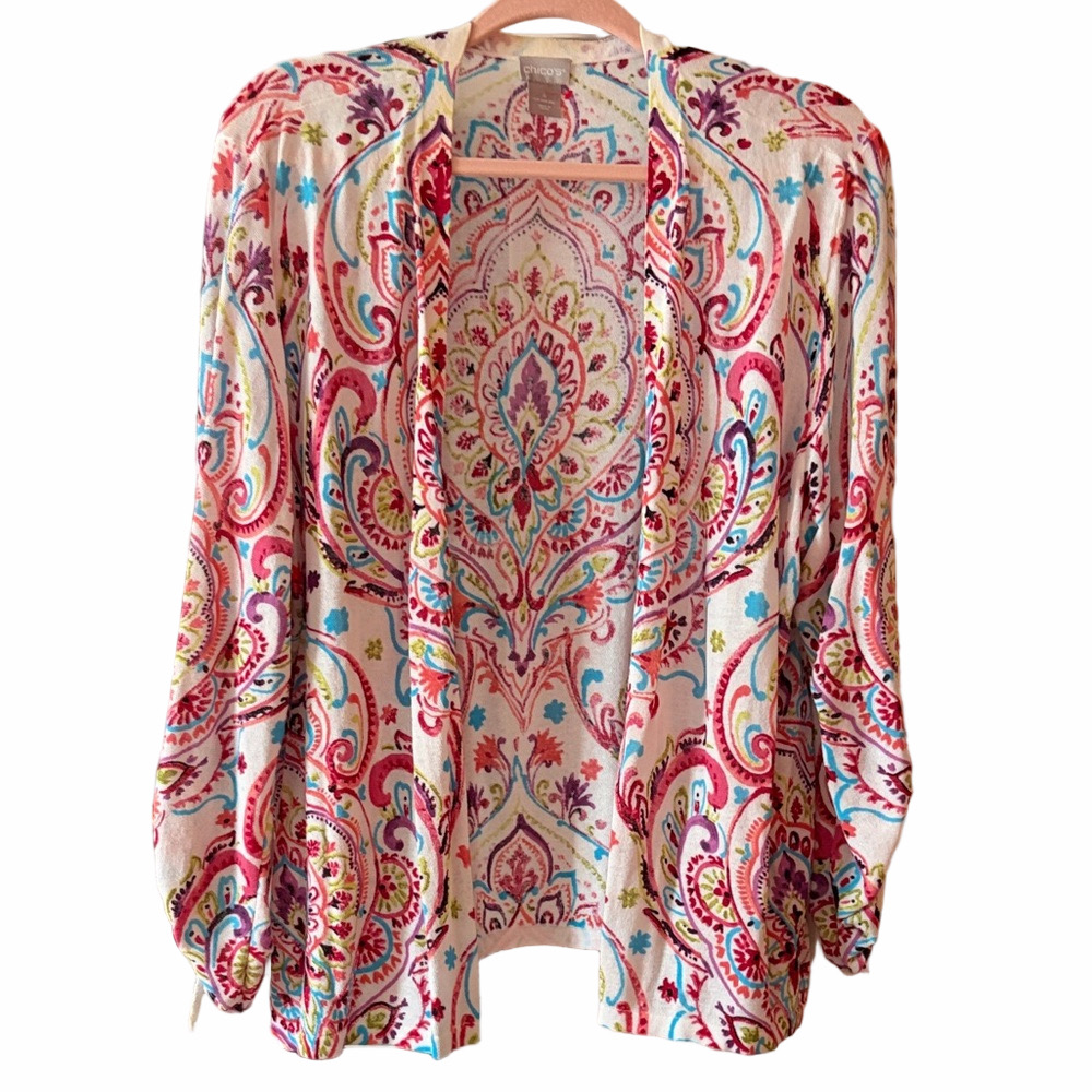 Chicos colorful paisley print open cardigan Chicos 4 or Women’s XXL 20-22.